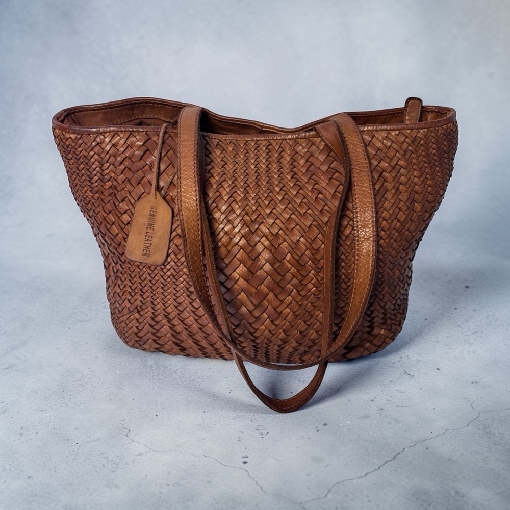 Bottega Style Woven Genuine Leather Tote Bag Brown Leather Shoulder Tote - Picture 3 of 10